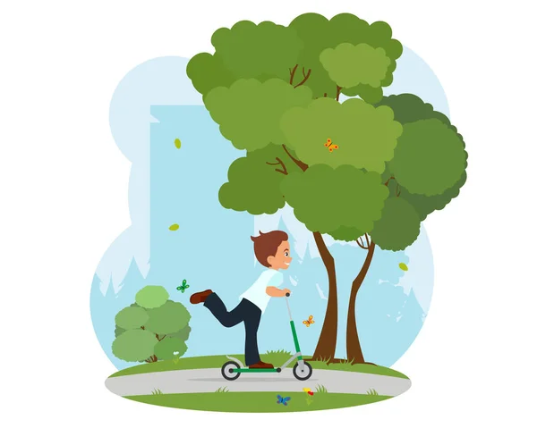 Petit garçon en scooter dans un parc . — Image vectorielle