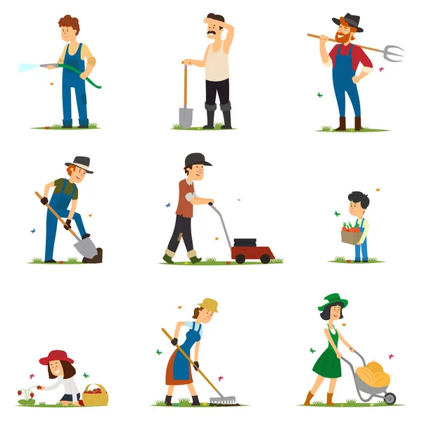 Adults and children work on the farm. — Stock Vector