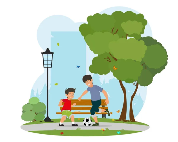 Padre Con Pequeño Hijo Jugando Fútbol Concepto Familia Amistosa Ilustración — Vector de stock