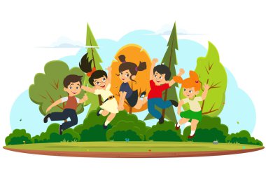 mutlu çocuklar atlama ve beyaz arka plan üzerinde izole sevindirici. Mutluluk, sevinç ve eğlence kavramı. Afiş, poster, Web sitesi, davet için vektör çizim.