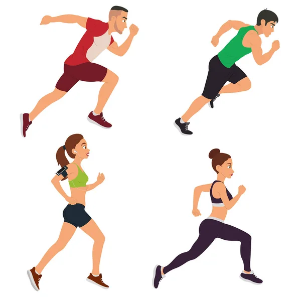 Mannen Vrouwen Lopen Marathon Vectorillustratie Geïsoleerd Witte Achtergrond — Stockvector