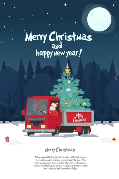 Noel Baba Noel ağacı ile kamyon şoförü var. Noel tebrik kartı - arka plan - poster. Vektör çizim.