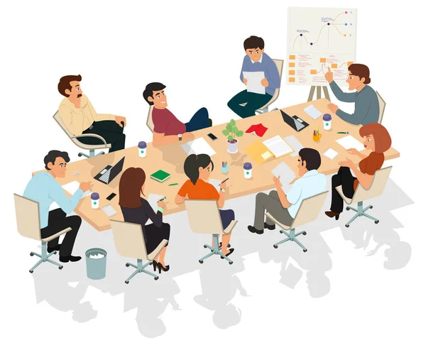 İş görüşmesi. Projenin tanıtımı. Meslektaşları önce konuşuyor. Vektör çizim