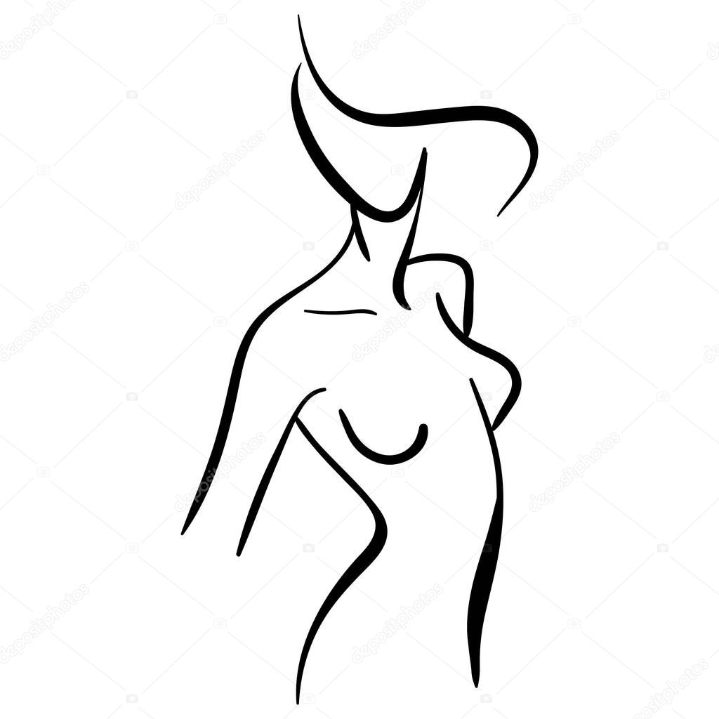 Black line contour illustration of stylized woman. Minimalistic icon