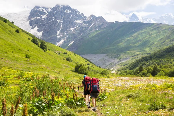Senderismo en hermosas montañas. Grupo de excursionistas disfrutan del clima soleado — Foto de Stock