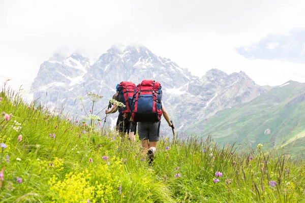 Wandern in wunderschönen Bergen. Wandergruppe genießt sonniges Wetter — Stockfoto
