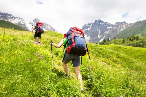 Güzel dağlar'da yürüyüş. Grup yürüyüşçü tadını güneşli hava