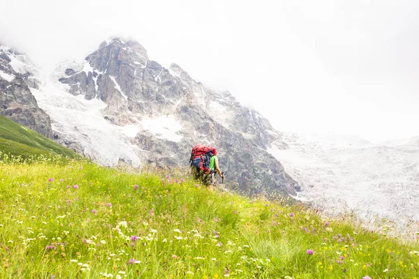 Vandring i de vackra bergen. Grupp av vandrare njuta soliga vädret — Stockfoto
