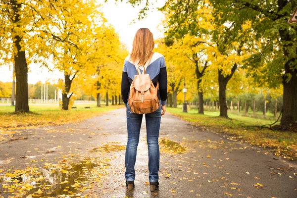 美しい秋の公園で雨の中を歩いて幸せな女. — ストック写真