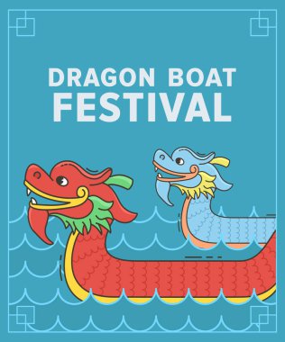 Dragon boat festival vektör çizim, Mayıs 5 gün. Çene ejderha mavi arka plan üzerinde çizgi film karakteri. Dikey başlık
