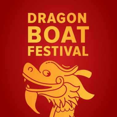 Dragon boat festival vektör çizim, Mayıs, Haziran. Çizgi film siluet karakter kırmızı zemin üzerine altın chines ejderha. Kare afiş