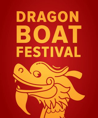 Dragon boat festival vektör çizim, Mayıs, Haziran. Çizgi film siluet karakter kırmızı zemin üzerine altın chines ejderha. Dikey başlık