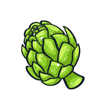 Vektör yeşil bir enginar çizilmiş şekil ver. Coloful çizgi film simgesi. Gıda Sanat baskı, web, mobil ve infographics için. Beyaz arka plan öğesi izole.