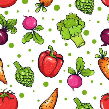 Vektör sebze Dikişsiz desen çizimi: turp, peper, brokoli, domates, artichok, pancar, havuç. Kroki, renk. Canlı resim bir sebze. Taze yiyecek