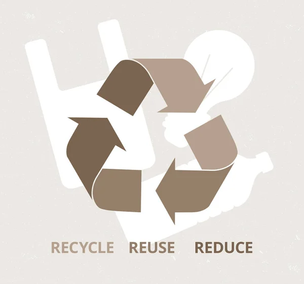 Symbol of Recycle with bottle, bulb and bag. Ecology banner with Recycle symbol. Waste problem creative concept. Reduce Reuse Recycle. Vector illustration flat style.
