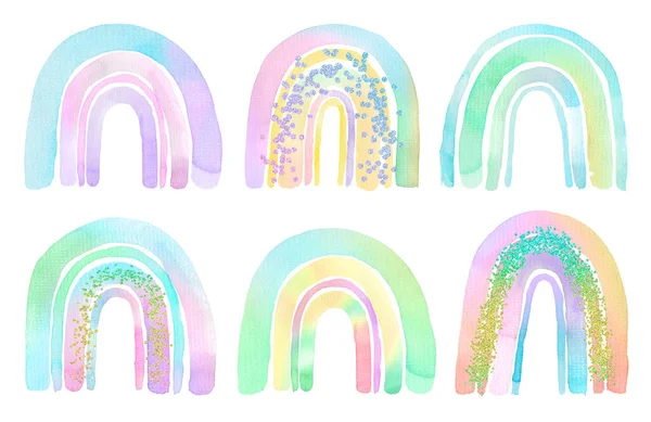 Watercolor set of hand painted rainbows with gold glitter confetti in unicorn colors. Holographic illustration isolated on white background. Design for logo, baby print, nursery decor or kids room.