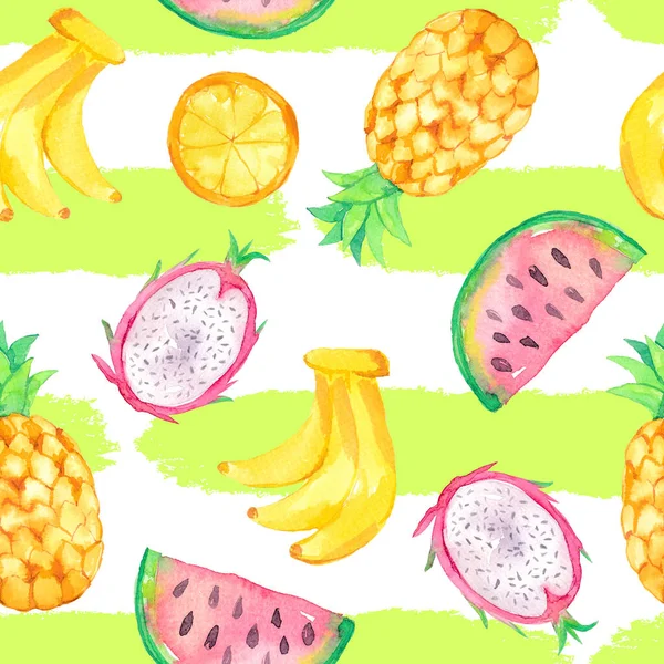 Tropical seamless pattern with fruit on green background. Hawaii, Aloha theme. Concept for summer vacation and travel. Hand drawn watercolor illustration