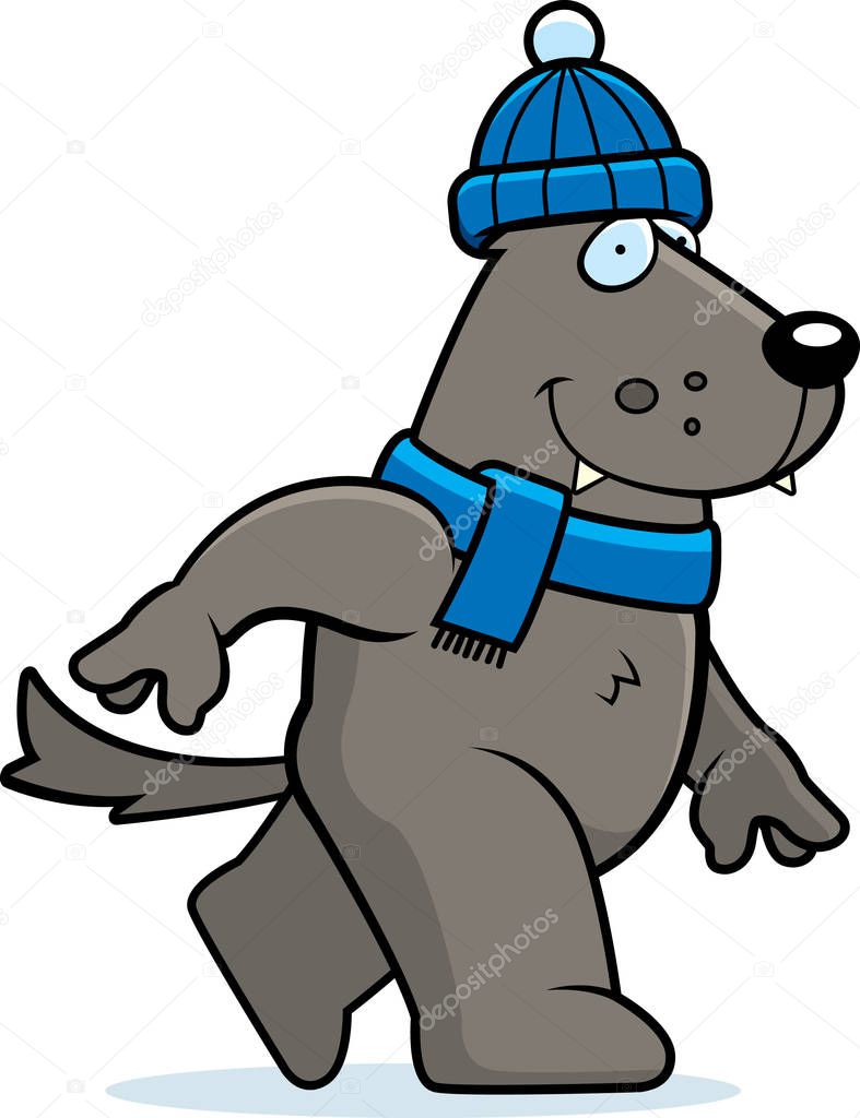 A cartoon illustration of a wolf dressed in winter clothing.
