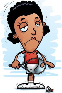 Üzülmüş bir siyah kadın badminton oyuncu çizgi film gösterimi.