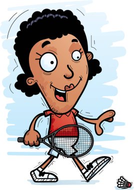 Yürüyen bir siyah kadın badminton oyuncu çizgi film gösterimi.