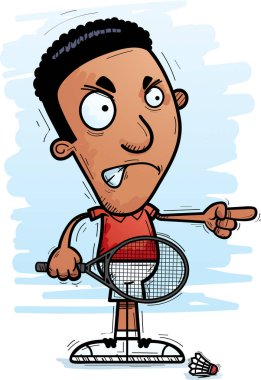 Bir siyah adam badminton oyuncu kızgın ve işaretleme isteyen bir karikatür çizimi.