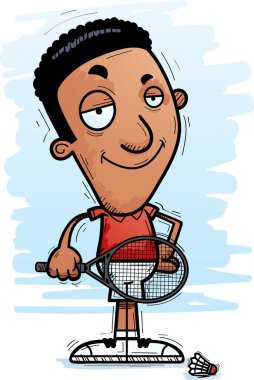 Bir siyah adam badminton oyuncu kendine güvenen isteyen bir karikatür çizimi.
