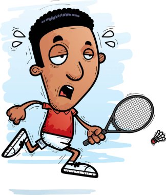 Çalışan ve yorgun görünümlü bir siyah adam badminton oyuncu çizgi film gösterimi.