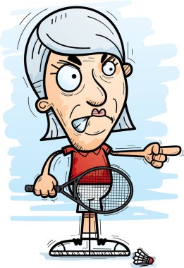 Bir yaşlı kadın badminton oyuncu kızgın ve işaretleme isteyen bir karikatür çizimi.