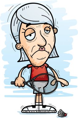 Üzülmüş bir yaşlı kadın badminton oyuncu çizgi film gösterimi.