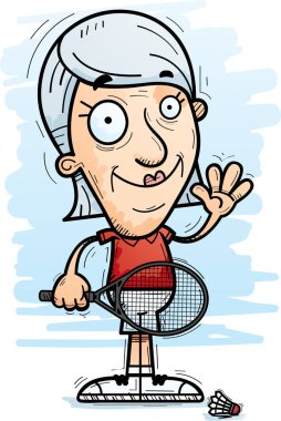 Sallayarak bir yaşlı kadın badminton oyuncu çizgi film gösterimi.
