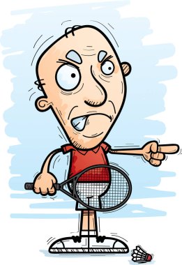 Bir yaşlı adam badminton oyuncu kızgın ve işaretleme isteyen bir karikatür çizimi.