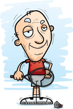 Bir yaşlı adam badminton oyuncu kendine güvenen isteyen bir karikatür çizimi.