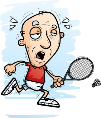Bir yaşlı adam badminton oyuncu çalışan ve yorgun görünümlü bir karikatür çizimi.