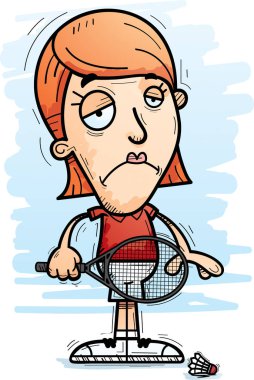 Üzülmüş bir kadın badminton oyuncu çizgi film gösterimi.
