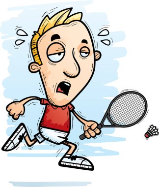 Çalışan ve yorgun görünümlü bir adam badminton oyuncu çizgi film gösterimi.