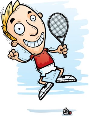 Bir adam badminton oyuncu atlama çizgi film gösterimi.