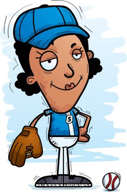 Bir siyah kadın beyzbol oyuncu kendine güvenen isteyen bir karikatür çizimi.