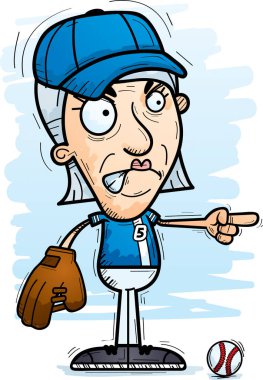 Bir yaşlı kadın beyzbol oyuncu kızgın ve işaretleme isteyen bir karikatür çizimi.