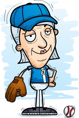 Bir yaşlı kadın beyzbol oyuncu kendine güvenen isteyen bir karikatür çizimi.