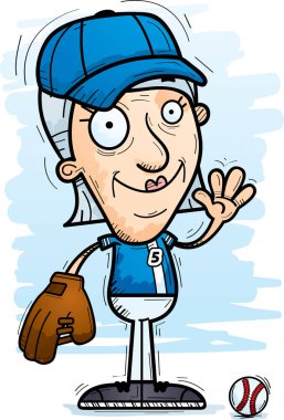 Bir yaşlı kadın beyzbol oyuncusu sallayarak bir karikatür çizimi.
