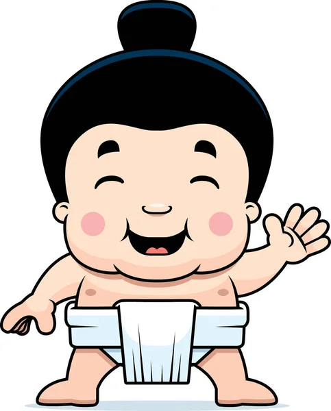 Cartoon Illustration Little Sumo Boy Waving — Stock Vector