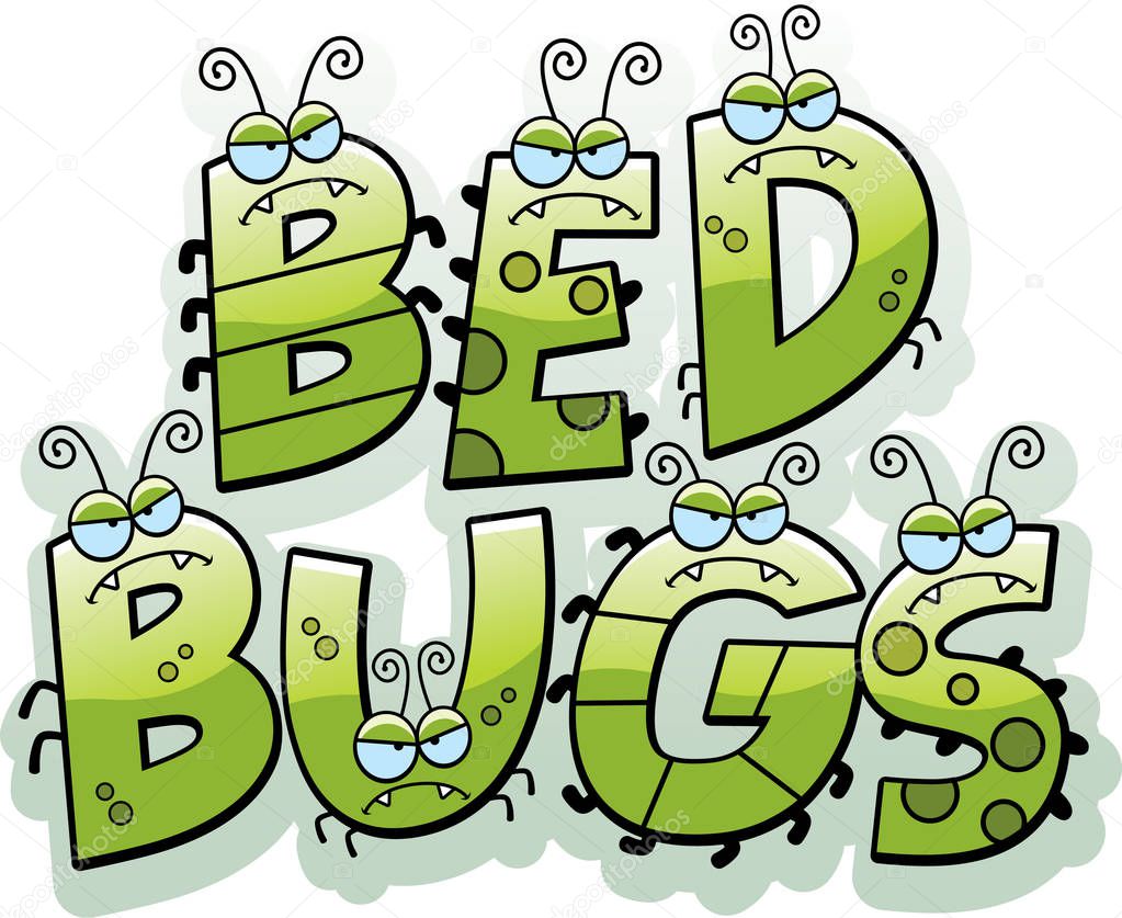 A cartoon illustration of the text bed bugs with bugs.