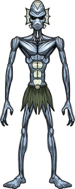 Bir kötü görünümlü balık yaratık bir karikatür çizimi.