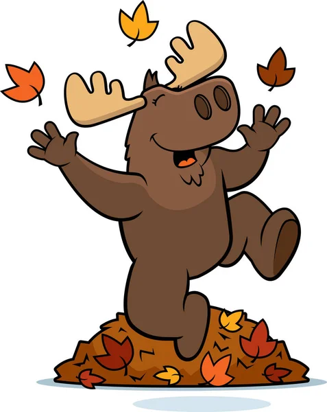 Cartoon Illustration Moose Jumping Autumn Leaves — Stock Vector