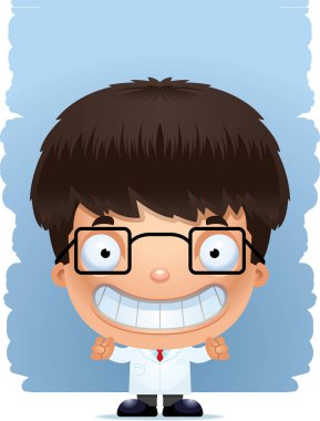 Gülümseyen bir çocuk bilim adamı bir karikatür çizimi.