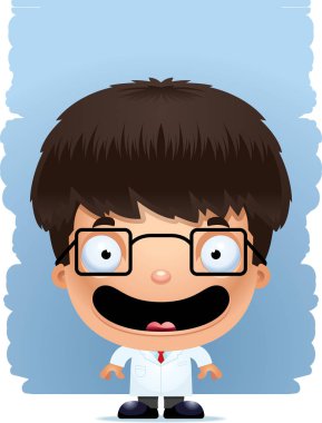 Gülümseyen bir çocuk bilim adamı bir karikatür çizimi.