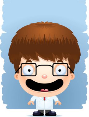 Gülümseyen bir çocuk bilim adamı bir karikatür çizimi.