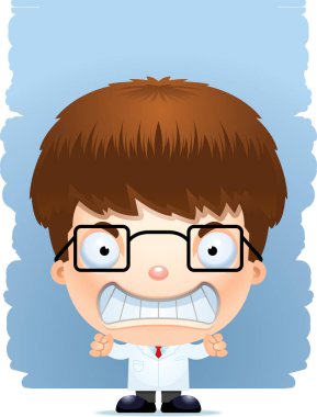 Öfkeli bir ifade olan bir çocuk bilim adamı bir karikatür çizimi.