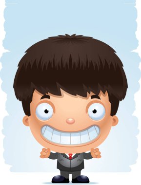 Ayakta ve gülümseyen bir takım elbise içinde bir çocuk çizgi film gösterimi.