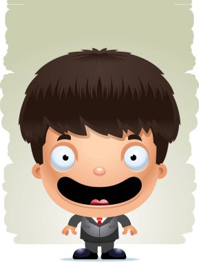 Ayakta ve gülümseyen bir takım elbise içinde bir çocuk çizgi film gösterimi.